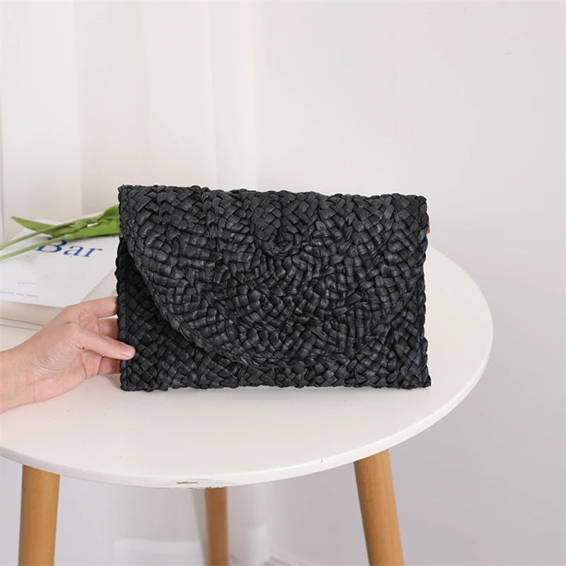 Women Fashion Flap Envelope Bags Summer Beach Bag Handmade Wallet Straw Knitted Handbag Lady Coin Phone Long Purse Clutches
