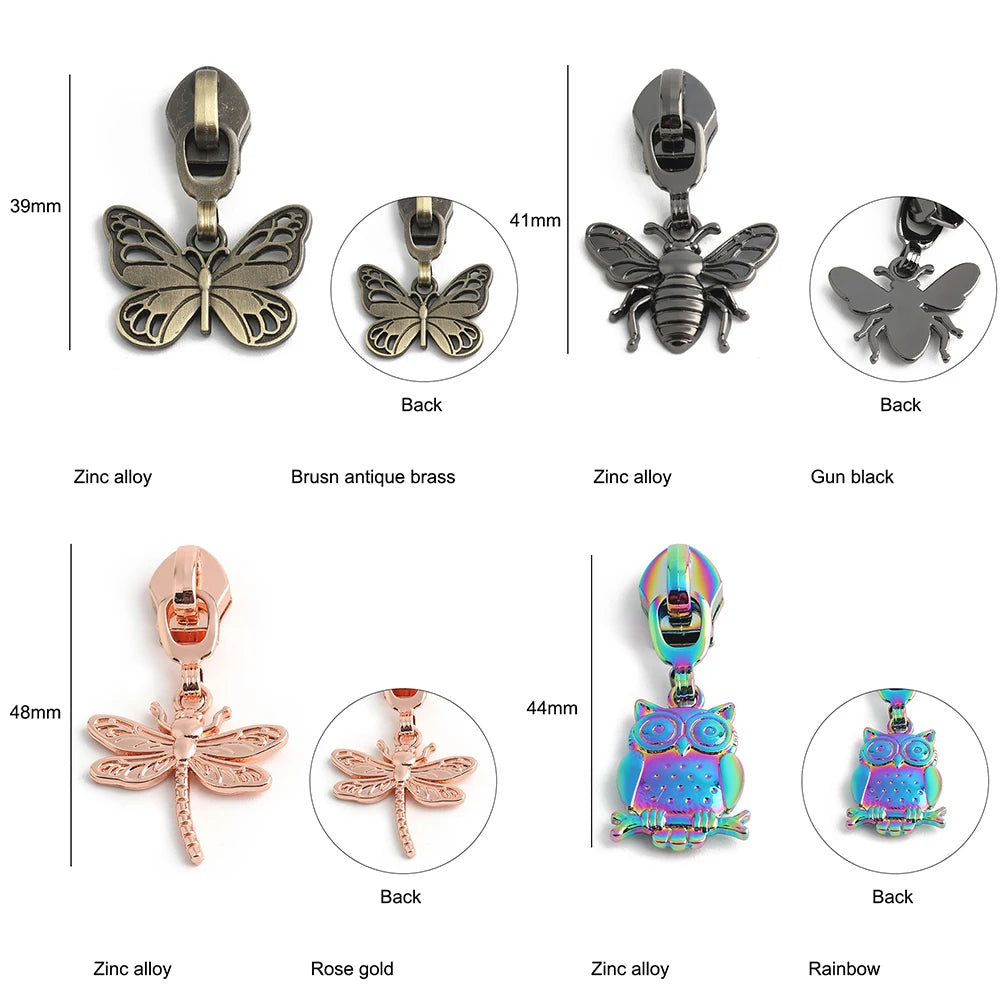 10/40/100PCS Owl/Dragonfly/Bee/Butterfly Shape 5# Nylon Zipper Sliders For Decorative Zipper Tab Bags Pocket Sewing Accessories