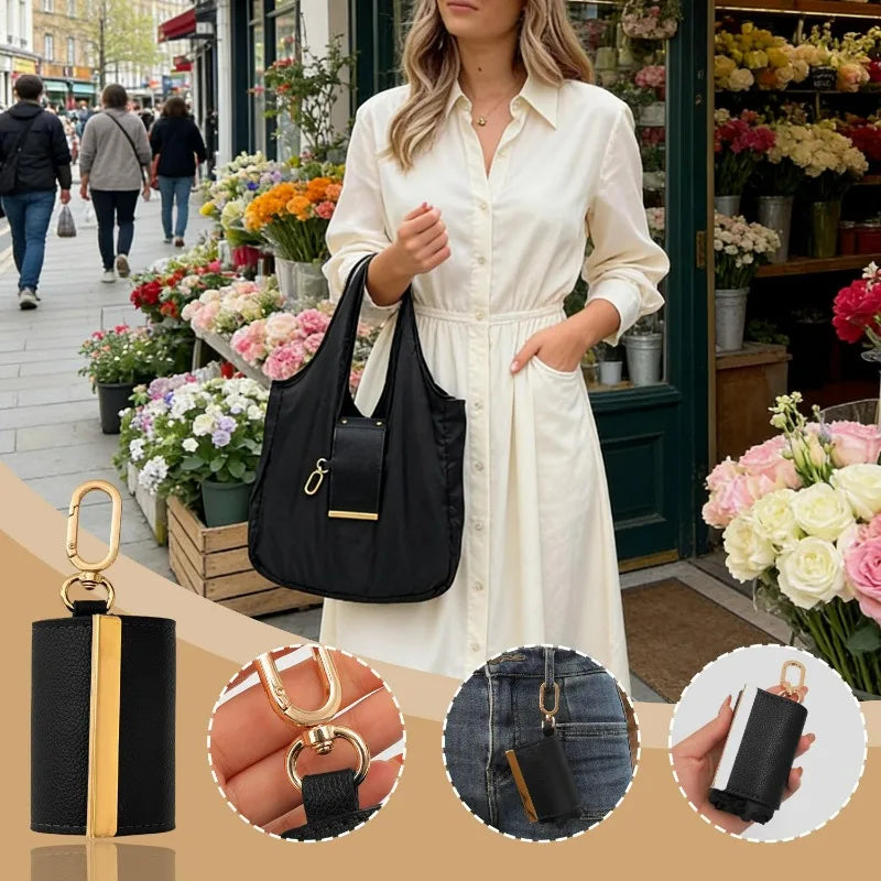 Foldable Tote Bag Women Large Capacity Shoulder Bag Portable Keychain Design Shopping Bag PU Fabric Lightweight Travel Grocery