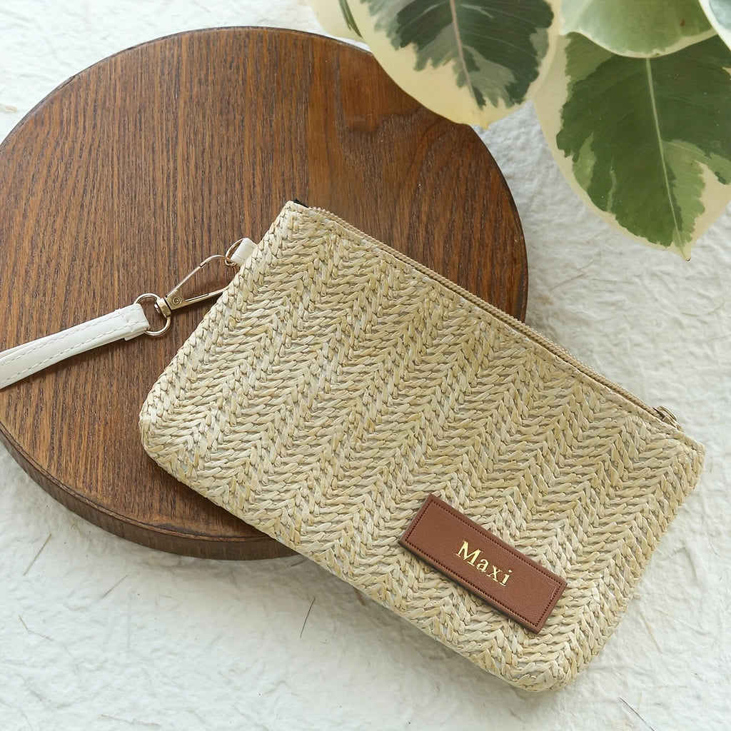 Custom Embossed Name Leather Label Straw Wristlet Clutch Bag Handmade Woven Raffia Cosmetic Makeup Pouch Beach Travel Storage