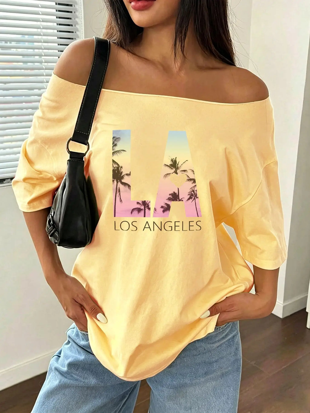 100% Cotton Plus Size Los Angeles Palm Tree Sunset Graphic Shoulder Loose Print T-Shirt Oversized Y2K Style Graphic Tees Wome