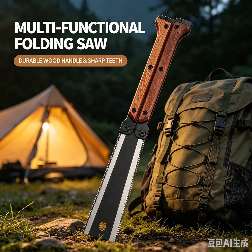 Japanese Style Folding Double Edge Hand Saw Wooden Handle for Woodworking Camping Pruning Garden DIY Cutting