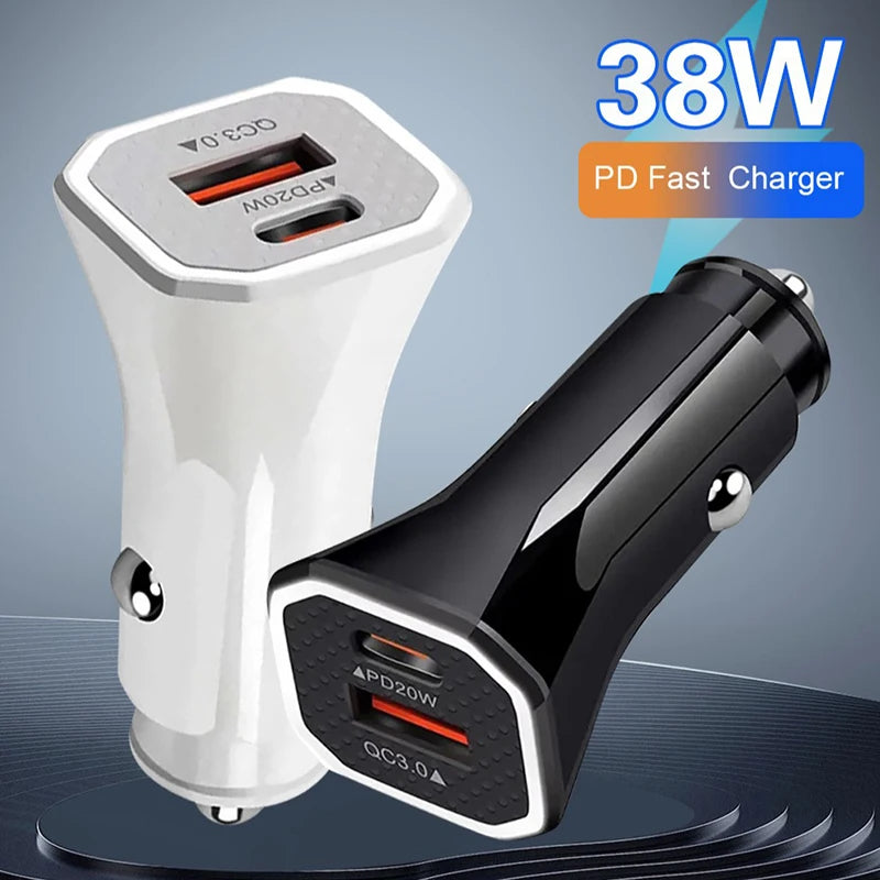 Fast Charging Auto Car Adapter 38W Dual Ports PD20W And QC3.0 Cigarette Lighter Plug With Ambient Light Ring For Mobile Phones