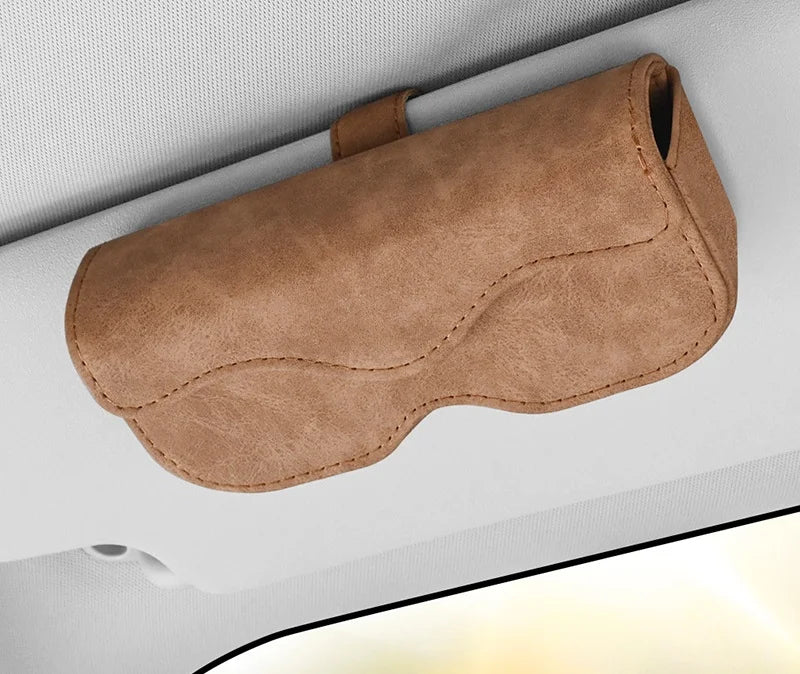 Premium Car Sun Visor Sunglasses Holder Leather Glasses Case Auto Interior Organizer Ticket Card Clip One-Hand Operation Mount