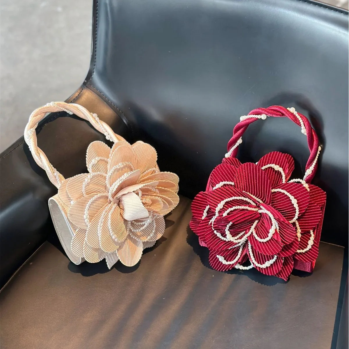 retro burgundy twist pearl cheongsam bag rose three-dimensional pink flower bag fairy bag diagonal straddle girl