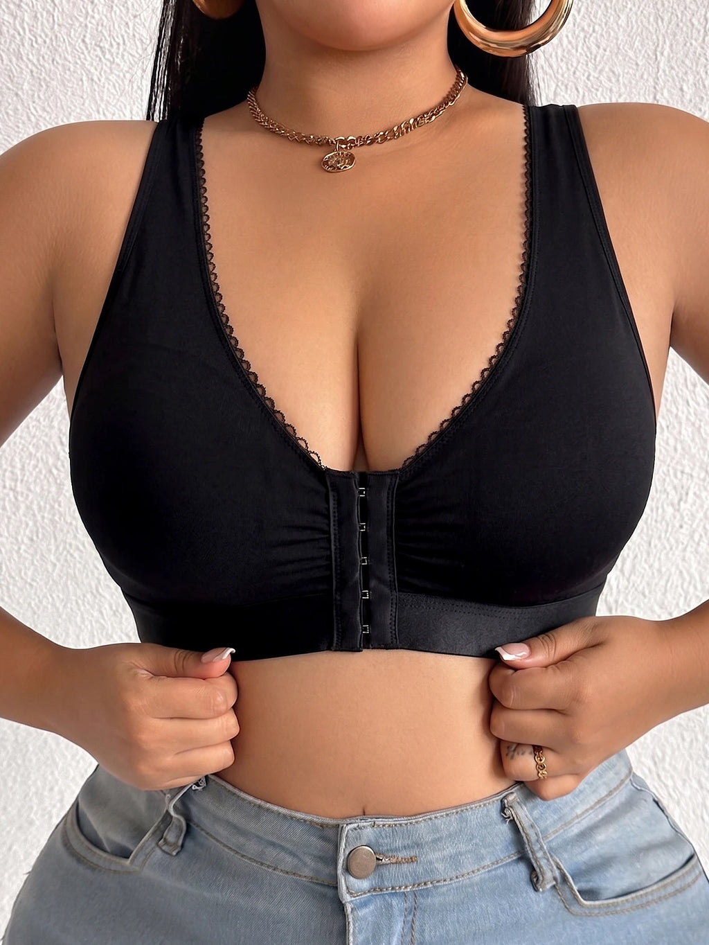 Thin Cup Plus Size Women Bra Full Cup Wireless Front Closure Lingerie Side Support Solid Basic Daily Comfortable Bra