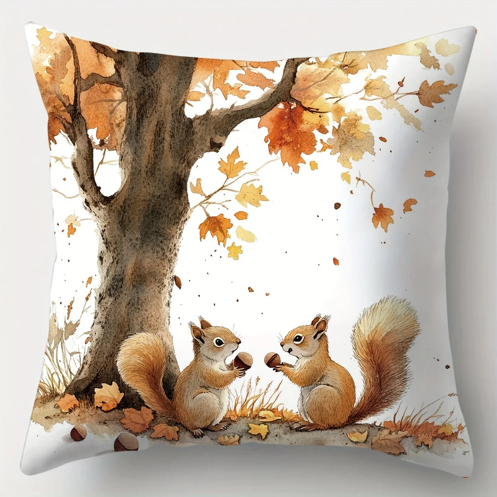 4-piece autumn style squirrel and tree print throw pillow covers, cushion cases, decorative pillowcases for living room decor
