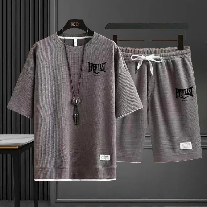 EVERLAST New Summer Men's Daily Casual Breathable Comfortable Loose Sports Set Fashion Brand Men's Waffle Top+Shorts 2-piece Set