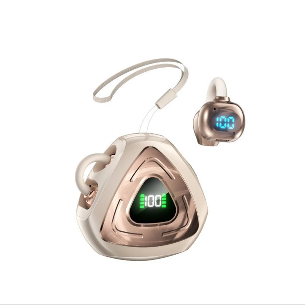Trendy open-style ear clip earphones with Bluetooth 5.4 and charging case featuring high-definition digital display, small sound