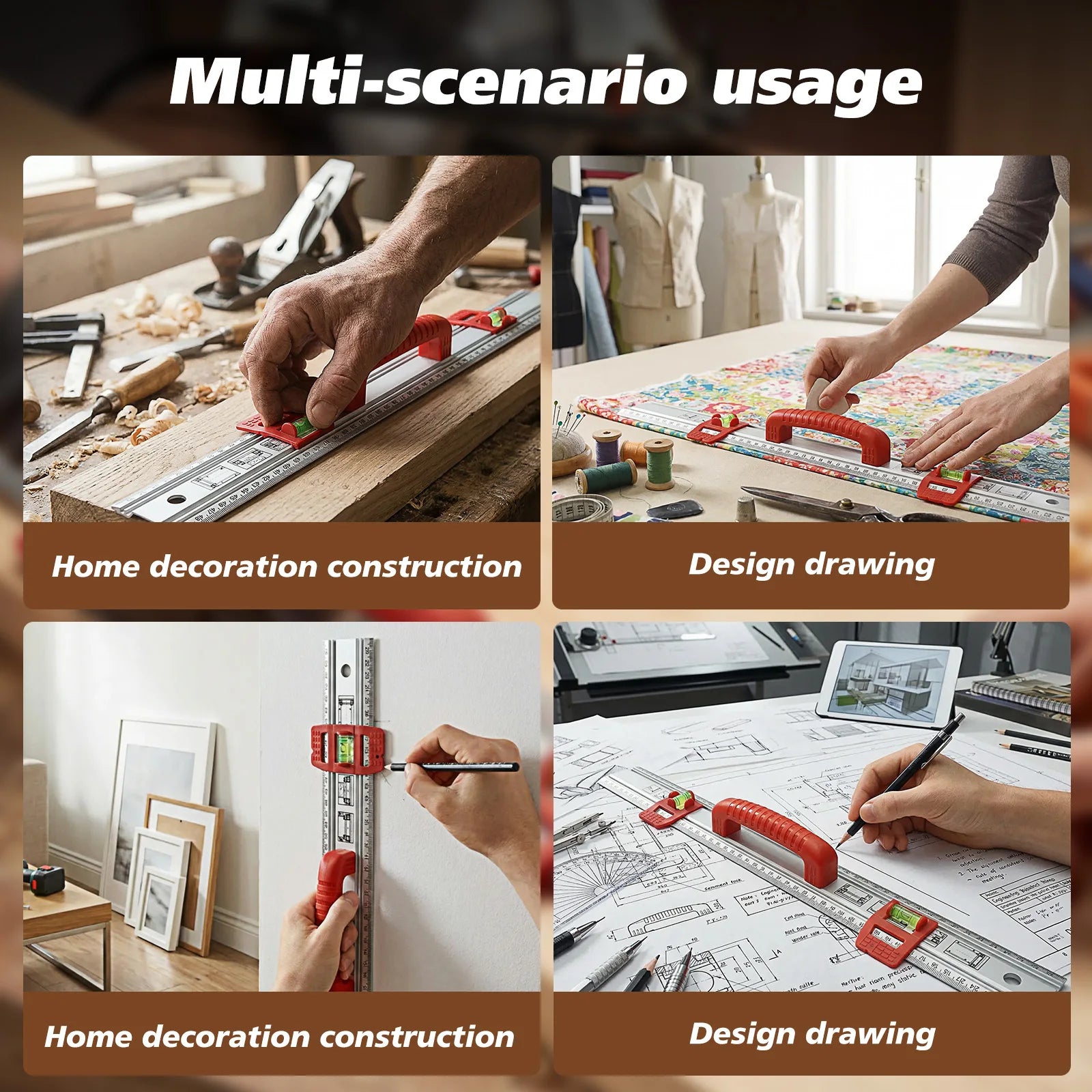 Aluminum Alloy Level Ruler Marking Layout Ruler Multifunctional Sliding Guide Marking Rulers with 2 Spirit Level for Woodworking
