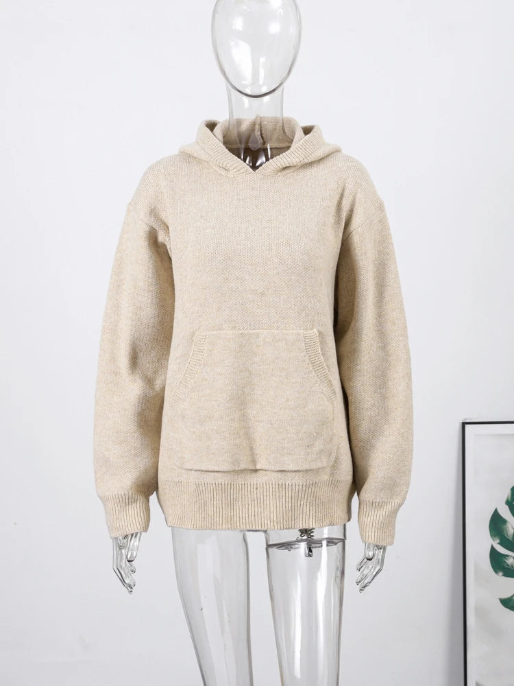 Green Sweater Knitted Women Hooded Casual Long Sleeve Solid Loose Woman Pocket Pullover Jumper 2026 Spring Female Sweaters Top
