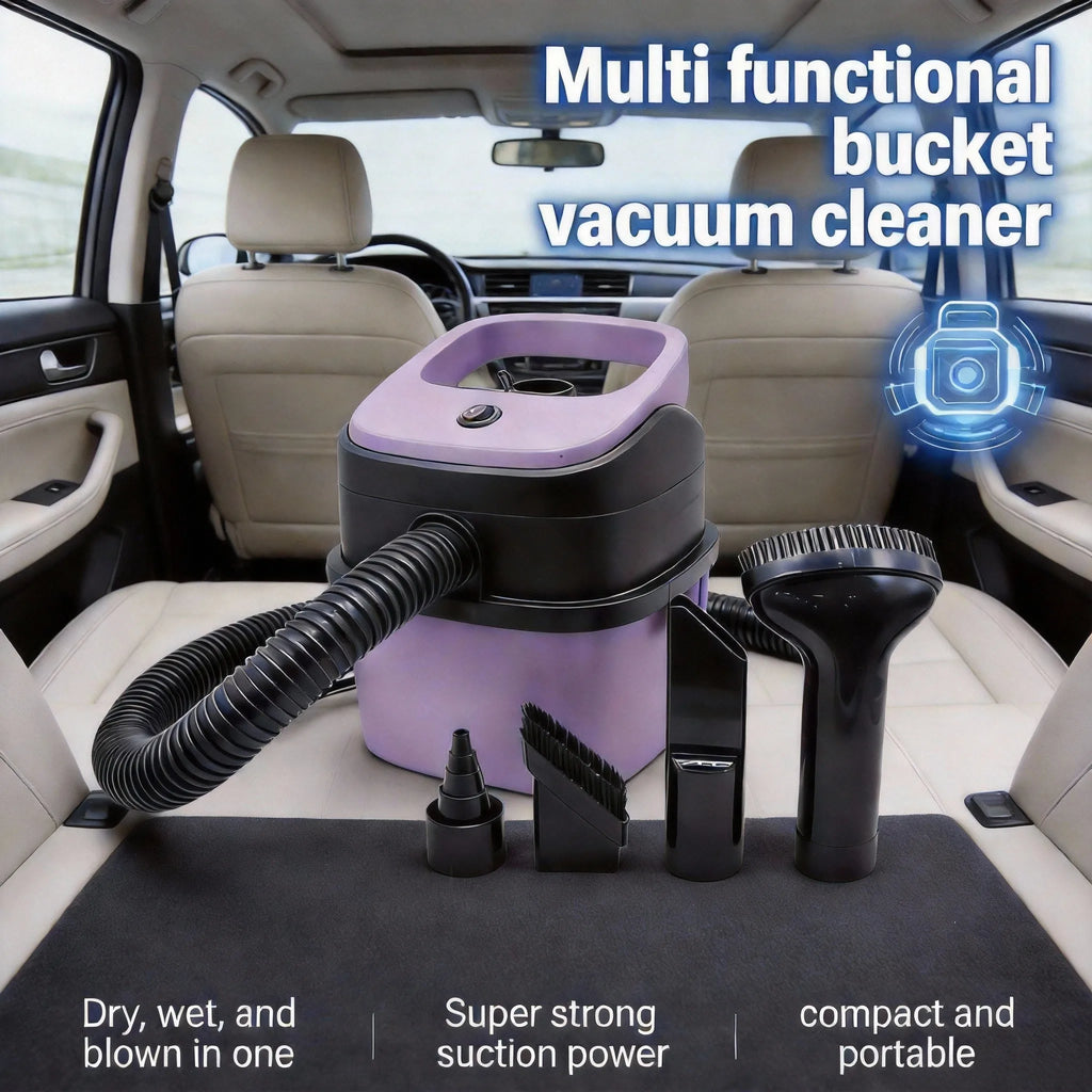 12V Bucket Car Vacuum Cleaner Wet and Dry Use Multi-functional Portable Powerful Suction Large Capacity With Multiple Nozzles