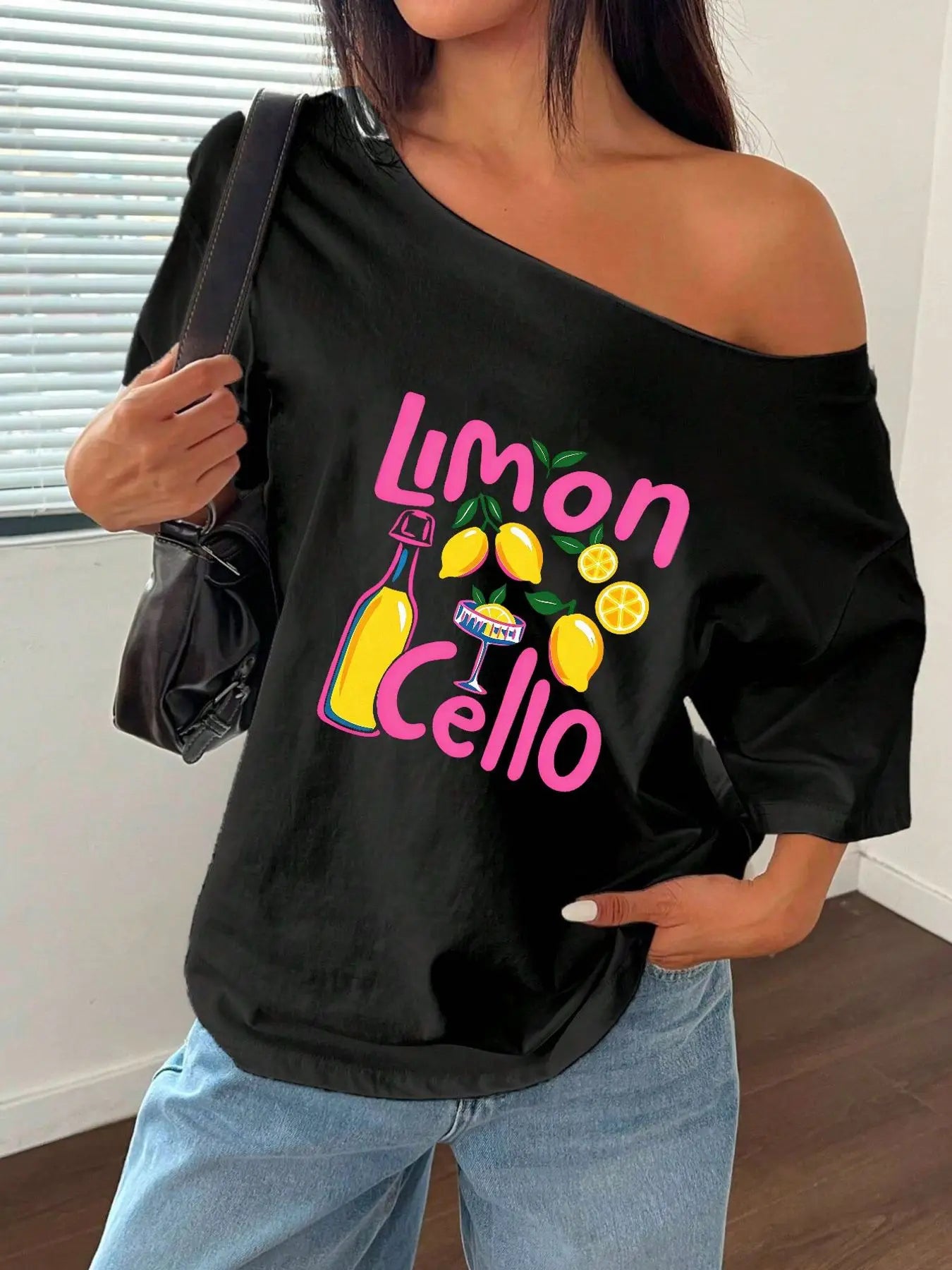 100% Cotton Plus Size Lemon Cello Cocktail Print Shoulder Loose Print T-Shirt Oversized Y2K Style Graphic Tees Women Tops Sum