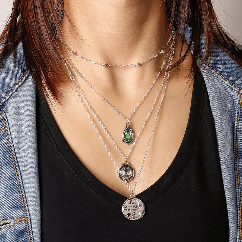 Vintage Multi Layered Moon Coin Moon Hamsa Hand Chain Necklaces for Women Boho Elephant Hearts Pendants Necklaces Jewelry