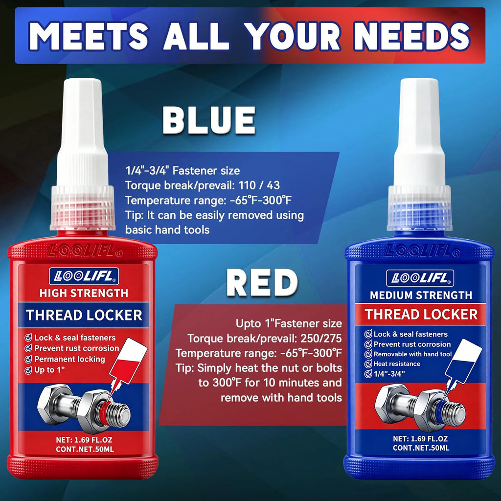 50ml Blue and red threaded locks, medium-strength threaded locks, nut, bolt, fastener, and metal threaded locks, oxygen-free curing screw adhesive to prevent loosening (blue and red)