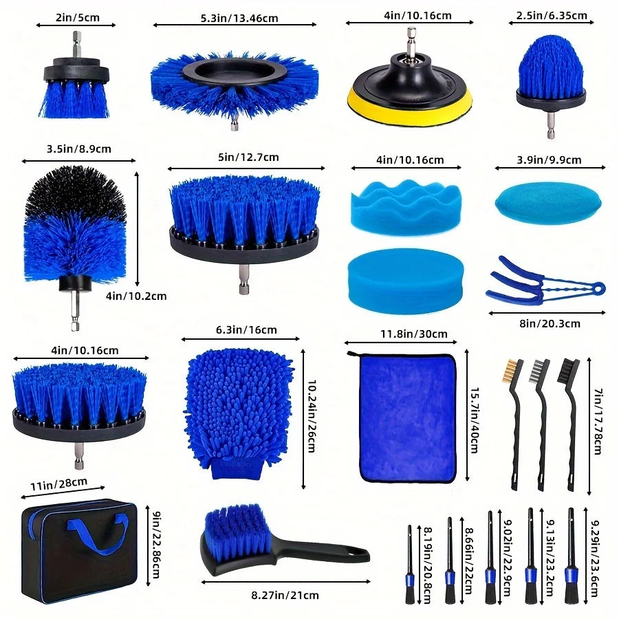 28pcs Car Wash Detail Kit, Multi-Purpose Drill Brush Set, Dust Removal Brush, Waxing Sponge Pad, Professional Car Care Kit
