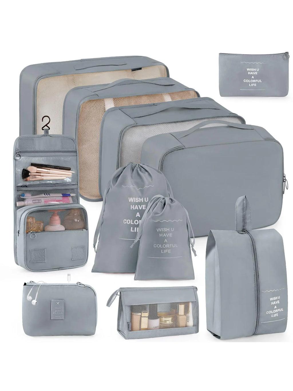 11-Piece Portable Travel Storage Bag Set - Easily Organize Your Clothes, Shoes, and Underwear - Perfect for Daily Travel, Business Trips, Home Storage, Suitable for Luggage and Suitcases, Travel Storage Bags with Slogan Patte
