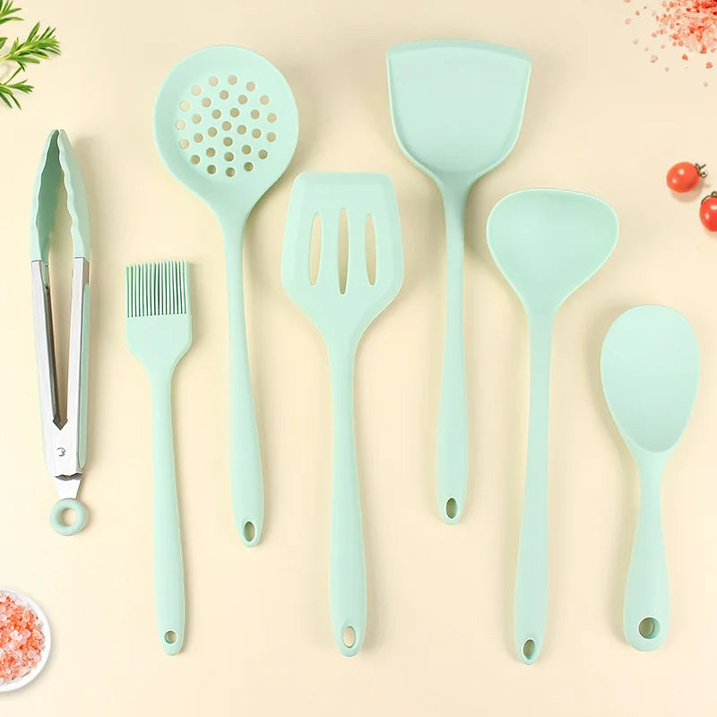 1/7pc Silicone Kitchen Utensil Set Non-Stick Spatula, Soup Ladle, Slotted Turner & 4 Tools | 450 ° F Heat-Resistant, Dishwashe S
