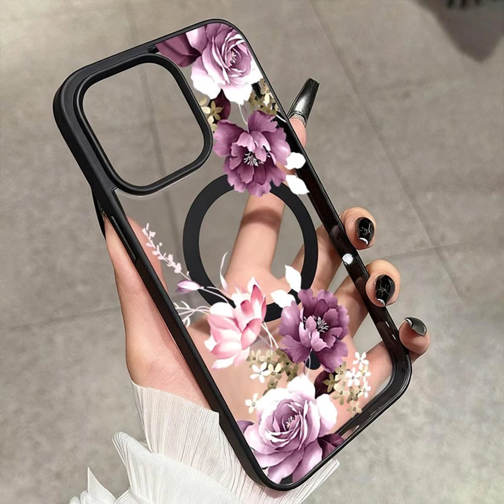 For iPhone 17 16 15 14 12 11 Pro XS Max Air 16e 17e Purple Floral MagSafe Clear Shockproof Magnetic Wireless Charge Phone Case