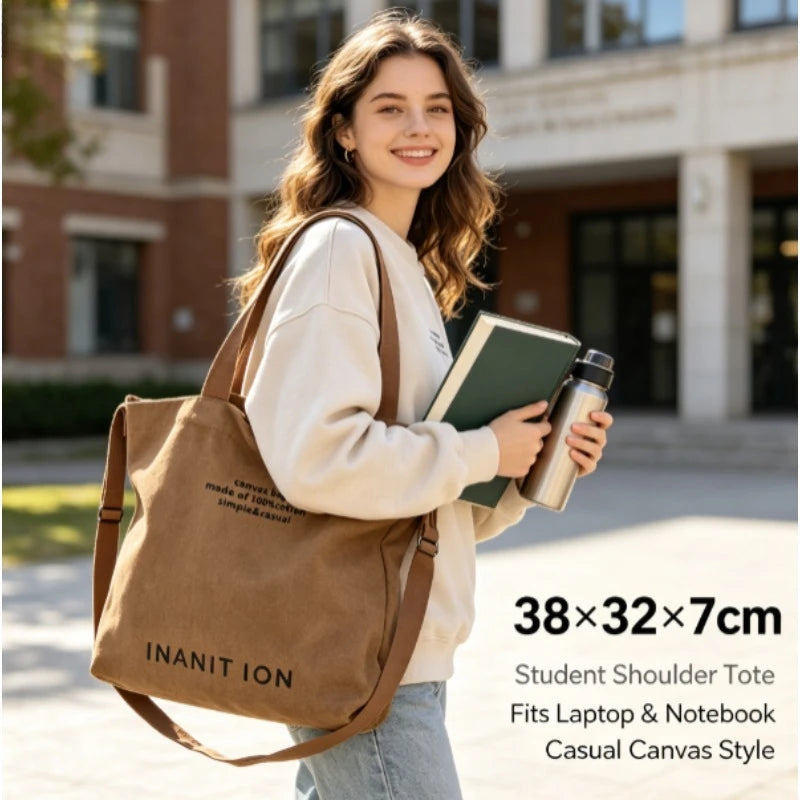Japanese Style Large Capacity Canvas Tote Bag, Vintage Handheld Crossbody Shoulder Backpack for Students Office Workers