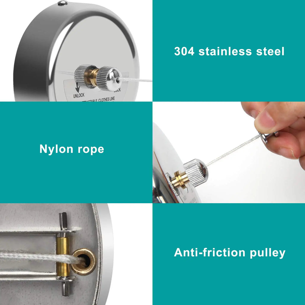 3.6 Stainless Steel Retractable Clothesline Set with 10 Stainless Steel Clothespins for Indoor and Outdoor Quilting