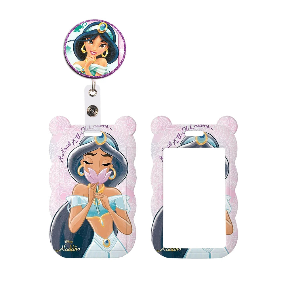 Disney Jasmine Princess Irregular Head Shape Badge Holder Lanyard Keys Chain ID Credit Card Cover Bus Card Holder Glitter Charms