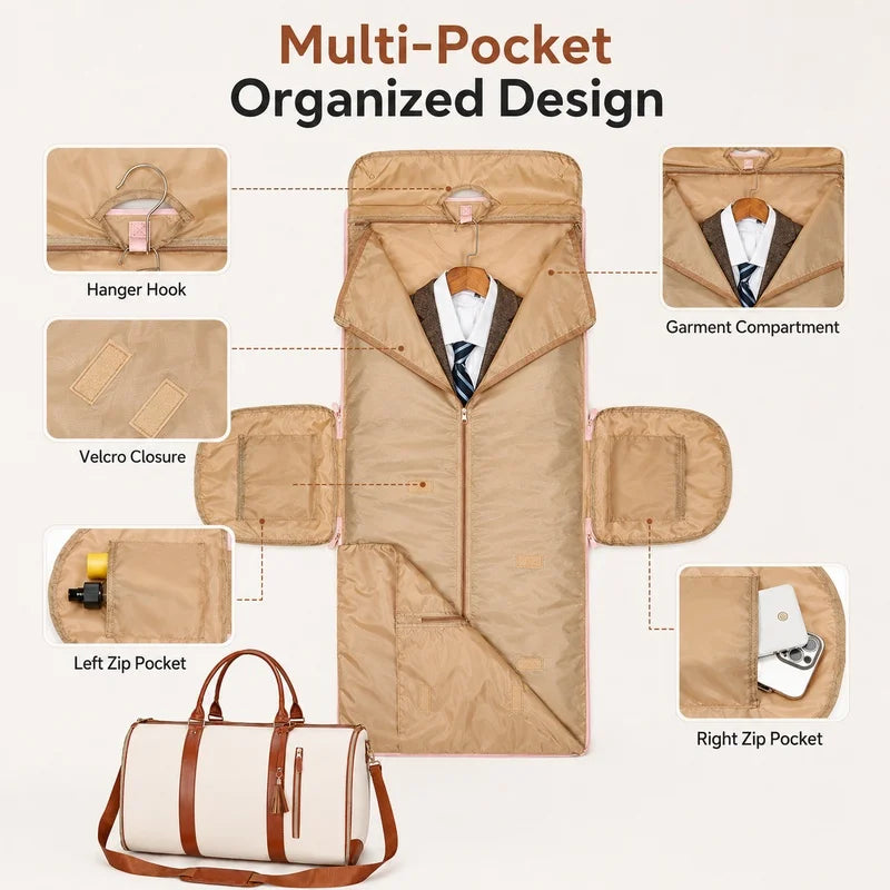 Foldable Garment Travel Bag, PU Leather Suit Duffel Bag Large Capacity Weekender Carry On Gym Bag for Men Women