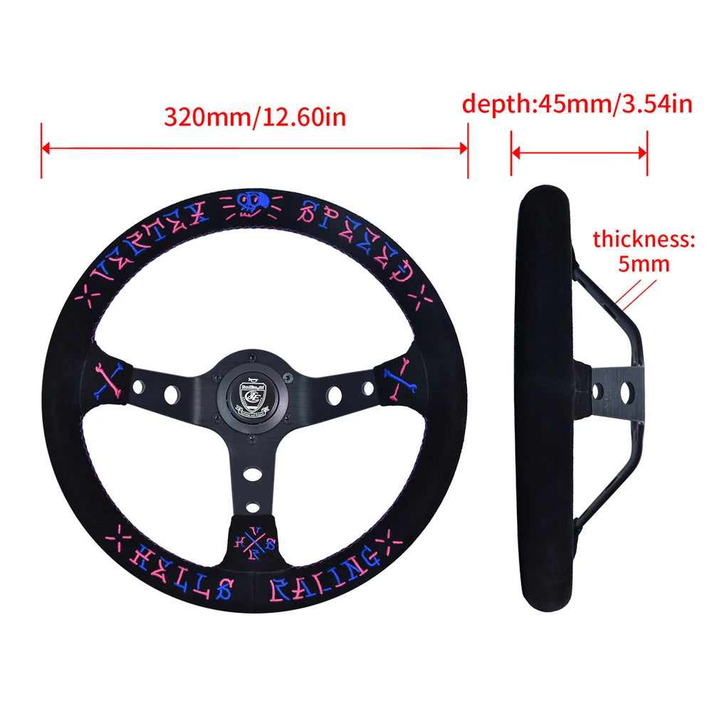 VERTEX Universal Racing Steering Wheel Black Spoke Suede Embroidered Sports Steering Wheel With 6 Holes