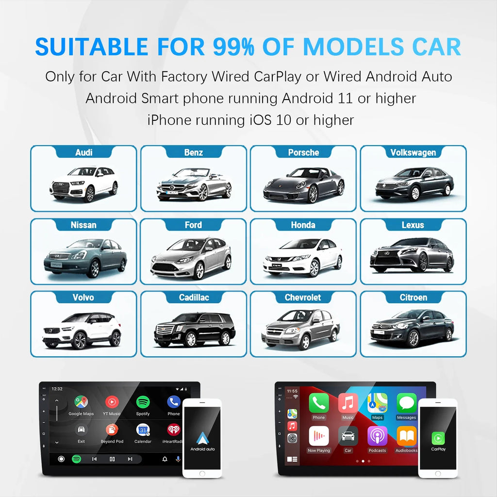 2026 Wireless CarPlay Android Auto 2-in-1 Adapter for Factory Wired Car Plug&Play 5.8Ghz WiFi USB Converter Box with OTA Update