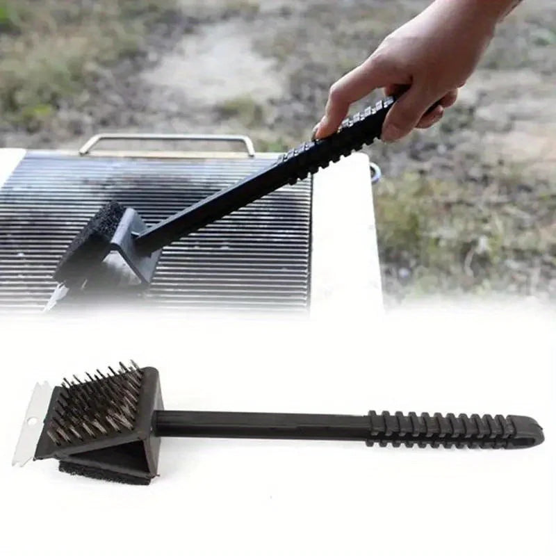 1pc 3 In 1 Corner Copper Wire Brush Barbecue Grill Oven Cleaning Bbq Brush Copper Wire Sponge Shovel Long Handle