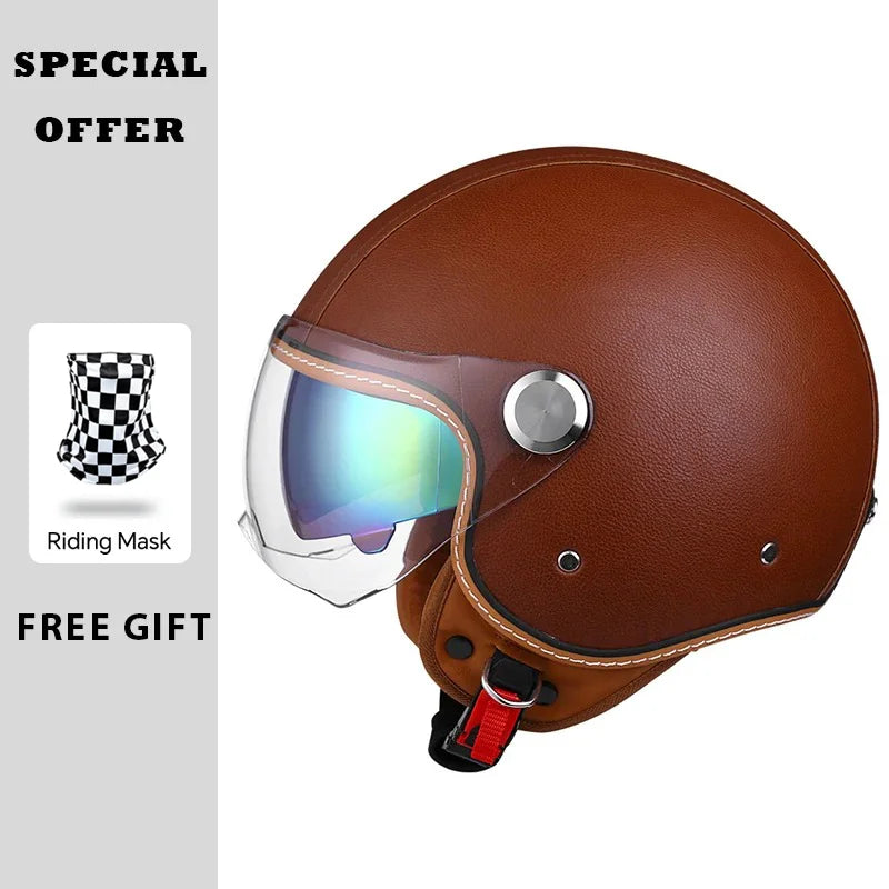 Open Face Helmet Vintage Leather Motorcycle Helmets Double Visor DOT Approved Retro 3/4 Jet Half Helmet with Inner Lens