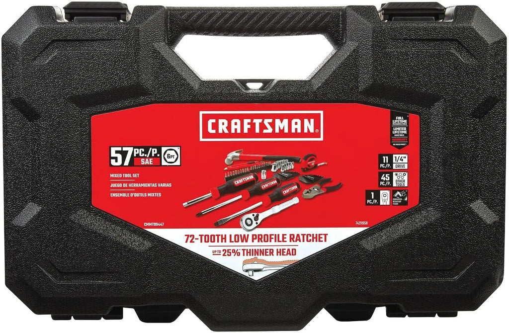 57 Piece Mechanics Tool Set with Low Profile Ratchet, Sockets, Screwdrivers, Hammer, Pliers, Hex Keys, Hand Tools in Blow Mold Case