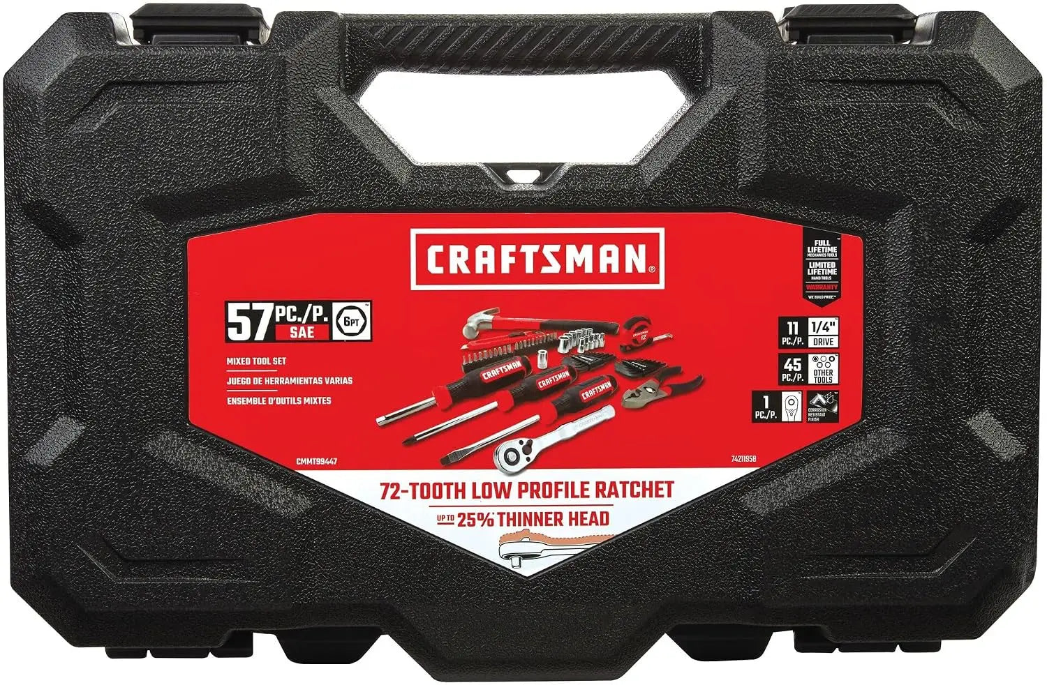 57 Piece Mechanics Tool Set with Low Profile Ratchet, Sockets, Screwdrivers, Hammer, Pliers, Hex Keys, Hand Tools in Blow Mold Case