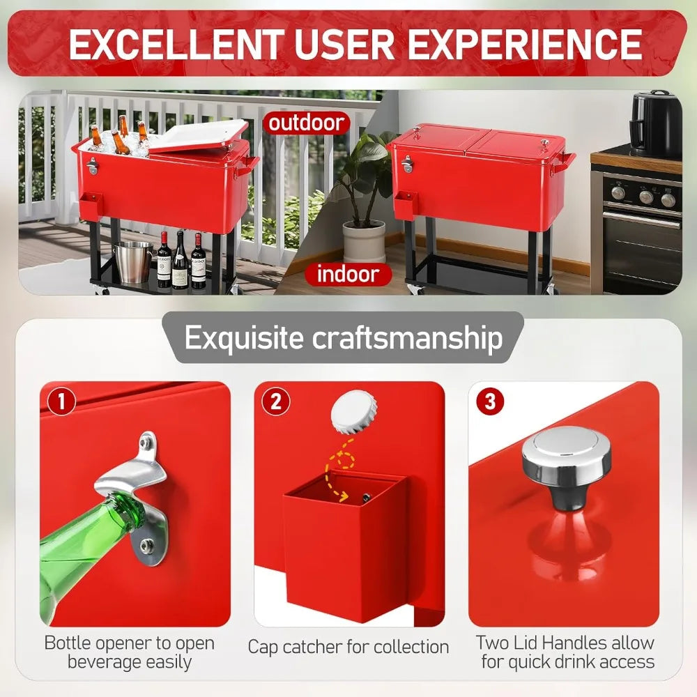 80 Quart Rolling Ice Chest,Portable Bar Drink Cooler,Catch Basin,Bottom Storage Tray & Bottle Opener, Custom