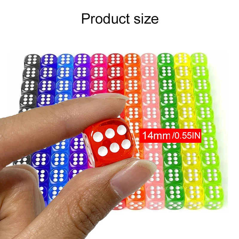 10/20/50pcs Dice 14mm Transparent Colorful 6Sided Acrylic Rounded Edges Dice for Table Board Games Party Entertainment Props TMZ