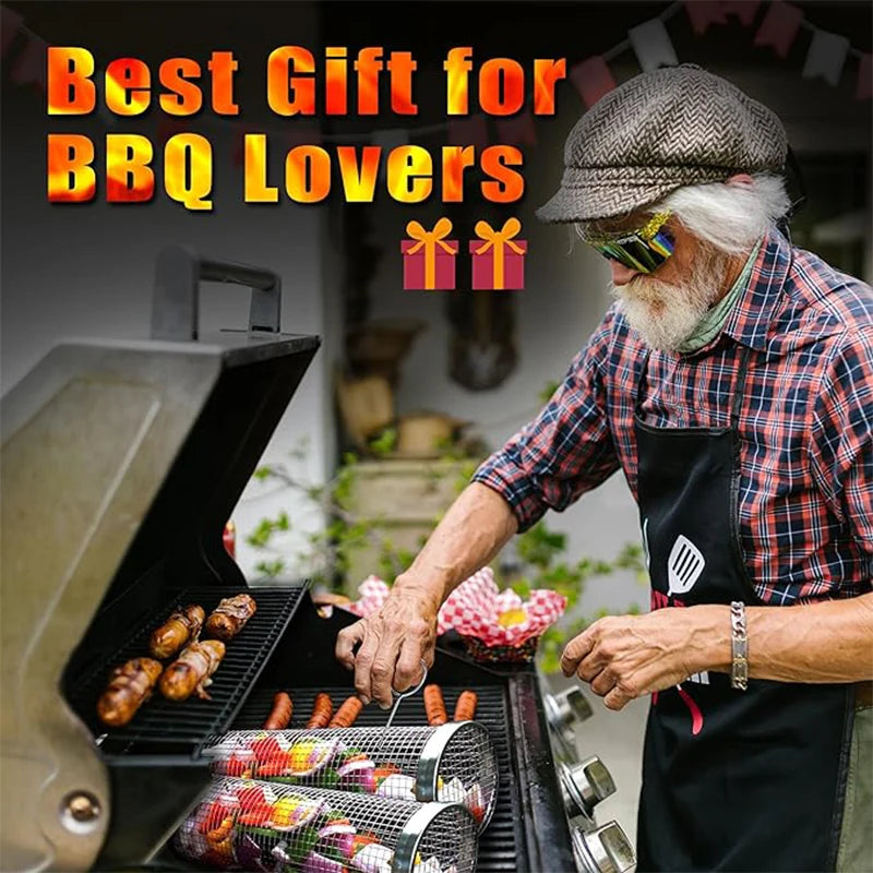 Rolling Grilling BBQ Basket Outdoor Picnic Camping Simple Cylindrical BBQ Grill Stainless Steel Leakproof Mesh Barbecue Rack