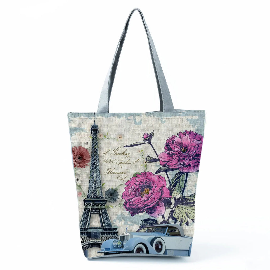 Floral Eiffel Tower Print Tote Bag Paris Landscape Shoulder Bag Fashion Pretty Handbags High Capacity Shopping Bag Eco Beach Bag