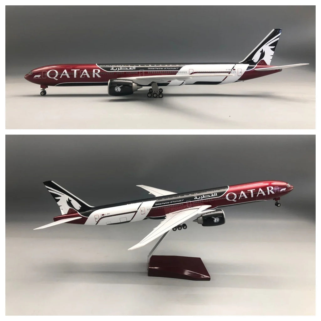 47CM 777-300 Qatar Airways Airplane Model Toy Resin Replica Plane Model with Landing Gear Wheels Light(Touch or Sound Control)