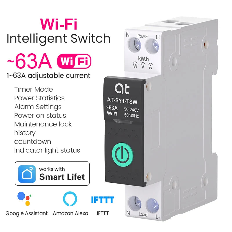 Tuya WiFi Smart Circuit Breaker 63A 1P DIN Rail for Smart Home Wireless Remote Control WiFi Switch by APP Metering Breaker