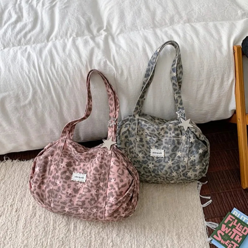 New Fashion Fold Shoulder Bag Women Korean Style Large Capacity Canvas Leopard Print Tote Bag Stylish Relaxed Commuting Bag