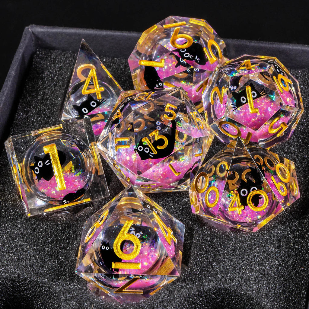 Cat Resin Dice Set DND, Liquid Core D&D Dice, Cute Dungeon and Dragon Dice, Sharp Edge Role Playing Dice D20 D12 D10 D8 D6 D4