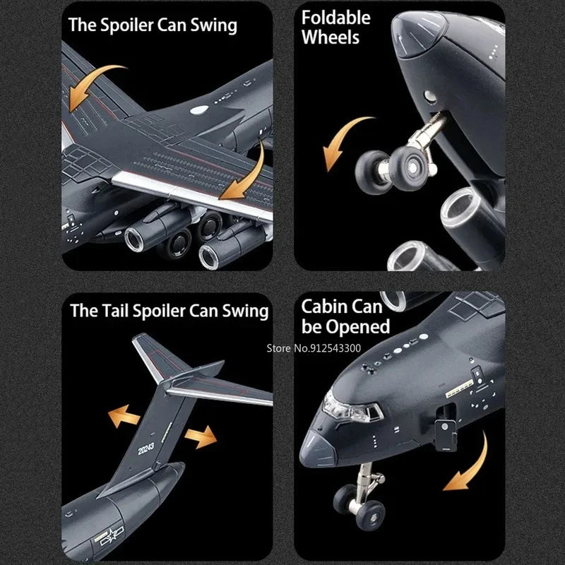 1:180 Scale Y-20 Transport Aircraft Model Toy Metal Body Pull Back Foldable Nose Wheel Military Plane Models Children's Gifts