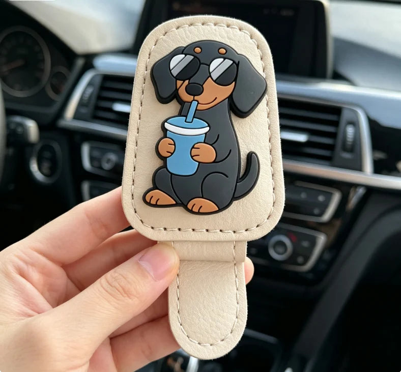 Car Sun Visor Sunglasses Clip Cute Dachshund Dog Cup Leather Glasses Holder Auto Eyeglasses Storage Car Accessories