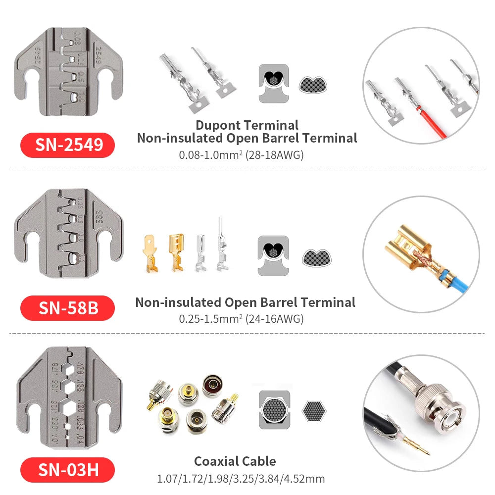SN Series Crimper Tools Plier 4mm Slot Jaws Set For Crimping Non Pre Insulated/Solar/Ferrule/Coaxial Cable/Open Barrel Terminals