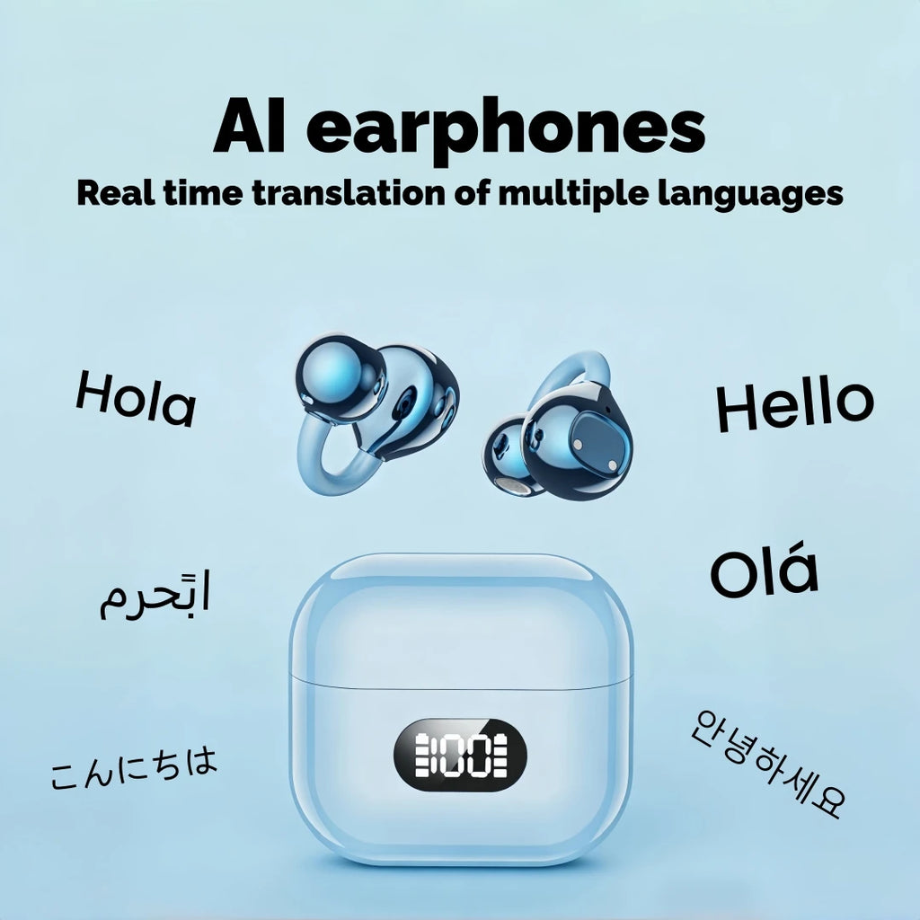 AI Translator Earbuds, Clip-On Open Ear Headphones, Wireless Bluetooth Translation Earphones with 144 Languages Real-Time Trans