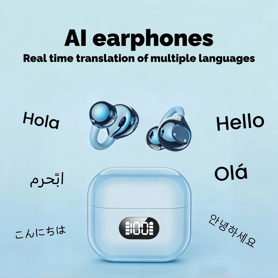 AI Translator Earbuds, Clip-On Open Ear Headphones, Wireless Bluetooth Translation Earphones with 144 Languages Real-Time Trans
