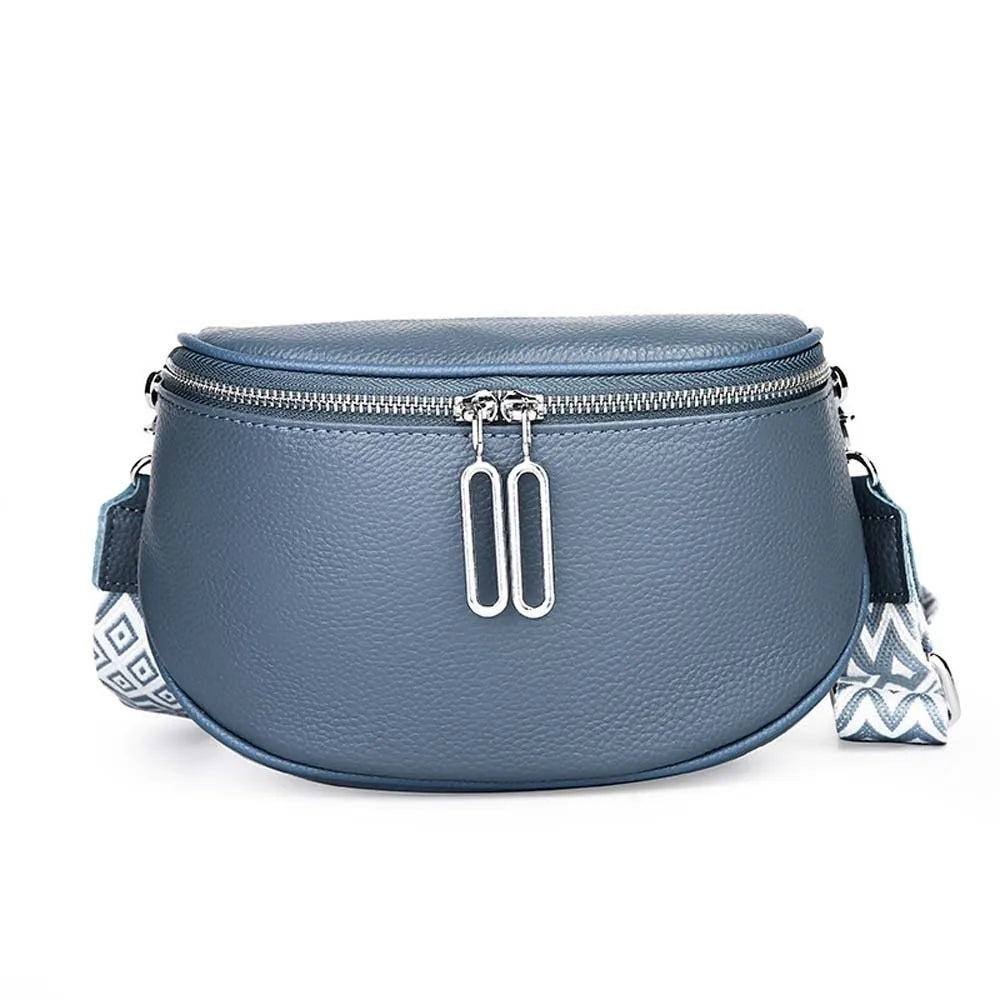 Bum Bag Leather Crossbody Bag Cowhide Texture Double Zippers Saddle Bag Jacquard Strap Solid Color Chest Pack Outdoor Travel