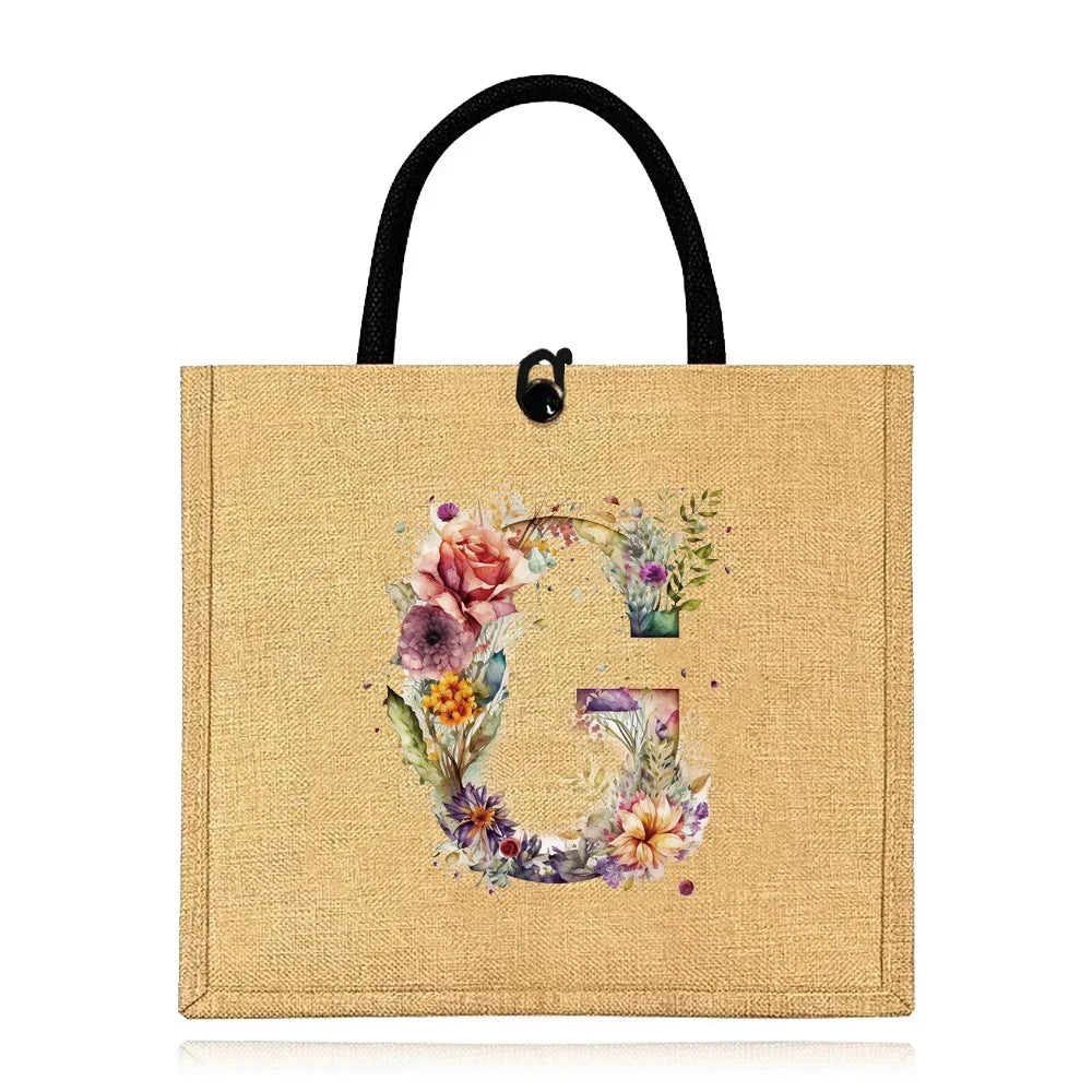 Flax Bag Fastener Handbag Organizer Storage Jute Tote Bags Imitation Cotton Women Valise Portable Floral Letter Printing Series
