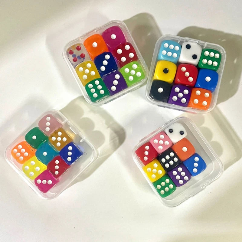 9 Pieces Transparent Color Dice with Box 6 Sided Dice for Board Games 14mm 16mm Bulk for Math Learning Dice for Classroom