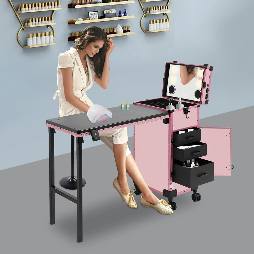 3-Tier Foldable Makeup Trolley with Lockable Drawers and Combination Lock, Mobile Beauty Case with Fold-out Table for On-Site Makeup